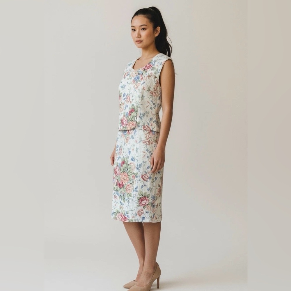 Linen Blend Cottagecore Shabby Chic Midi Dress Vintage 90s 4 Petite Peplum‎ Boho